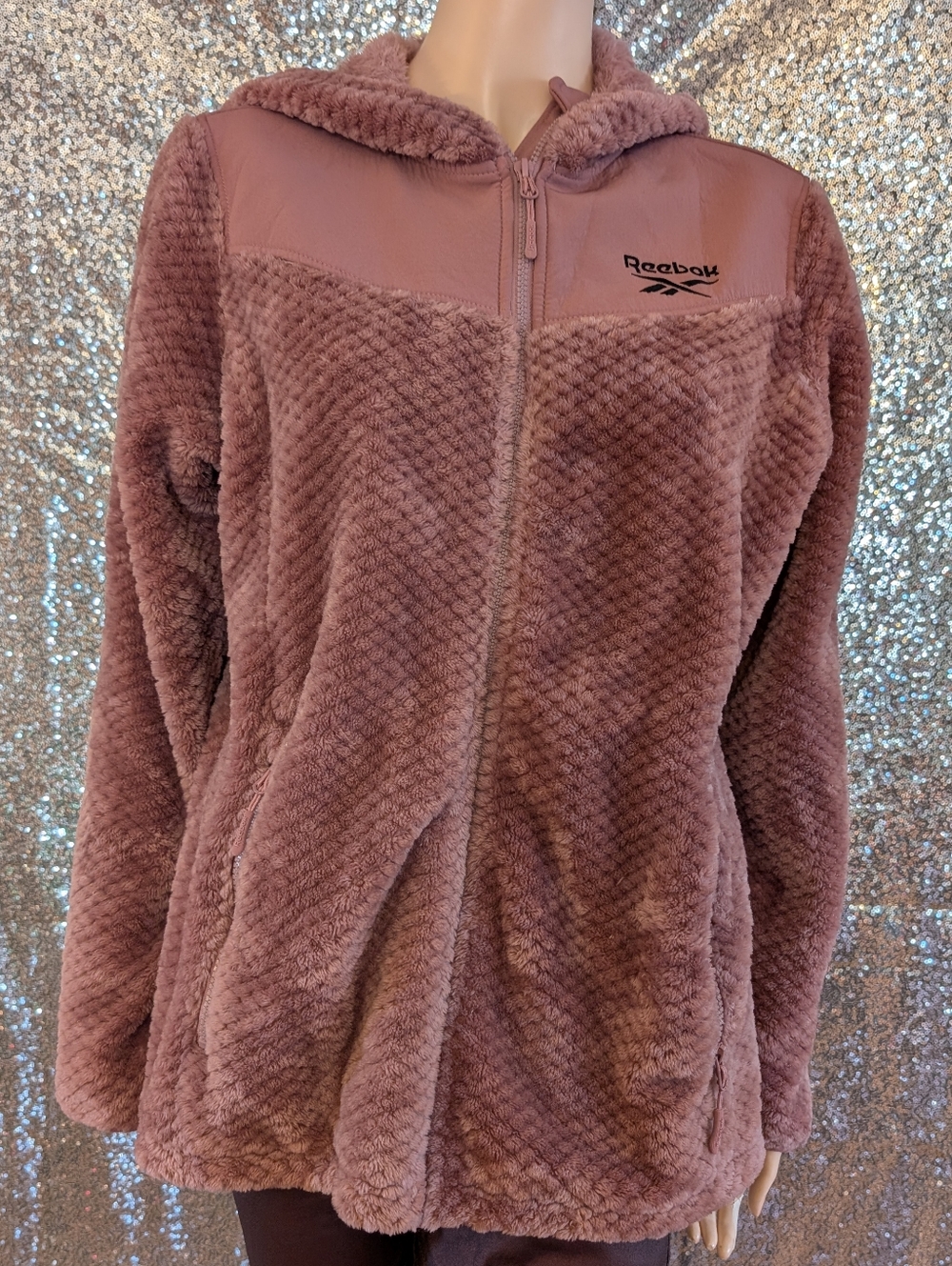 Reebok Dusty Rose Textured Waffle Fleece Full Zip Hoodie L